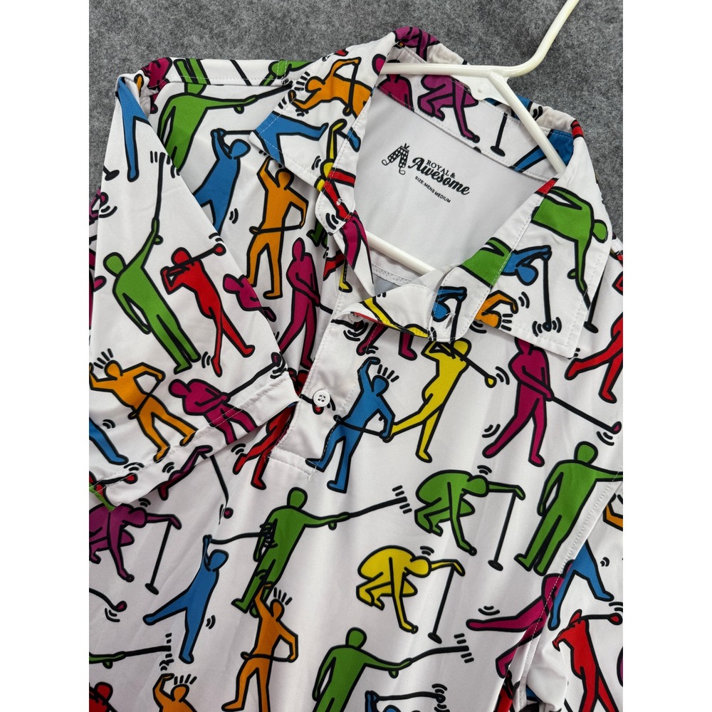 Royal & Awesome Golf Polo Mens Medium White Multi Keith Haring Style Print